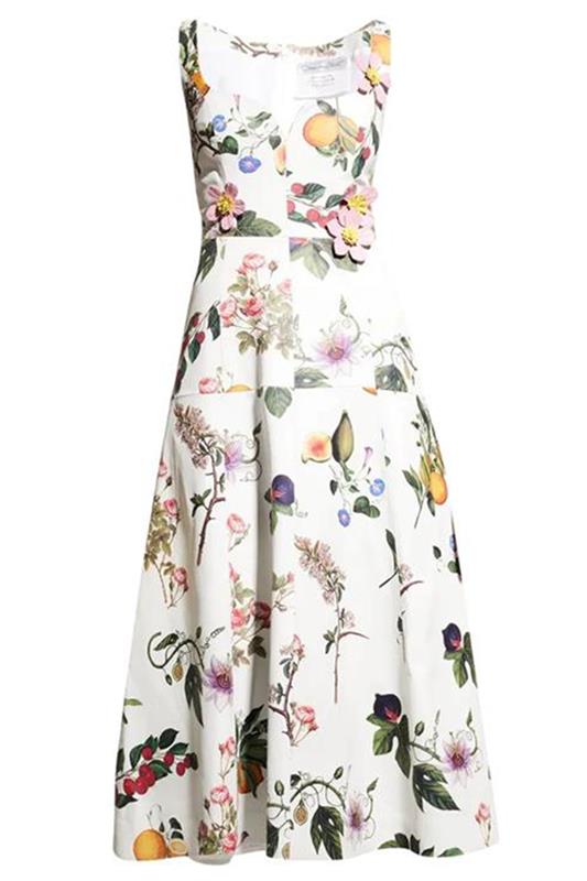 Exquisite Botanical Patterned Lamb Leather Women's Dress