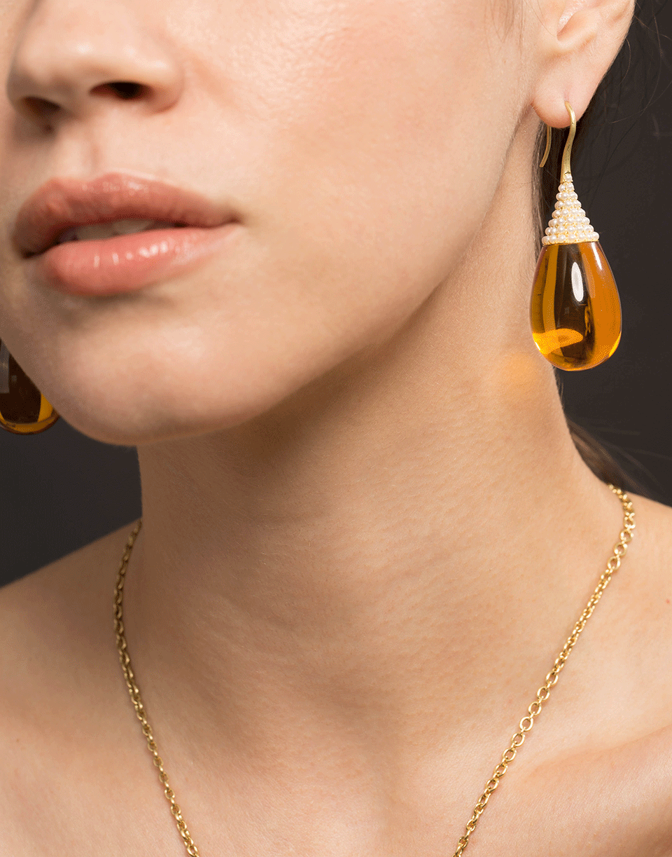 Exquisite Akoya Pearls Adorned Amber Teardrop Earrings in 18k Yellow Gold