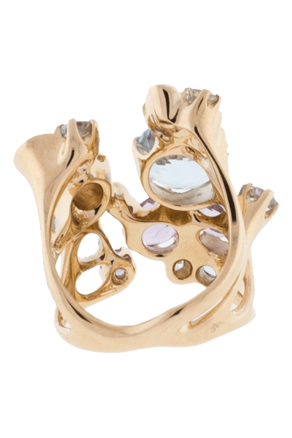 18K Rose Gold Blue Topaz Bouquet Ring with Aquamarine, Amethyst and Diamonds Size 6