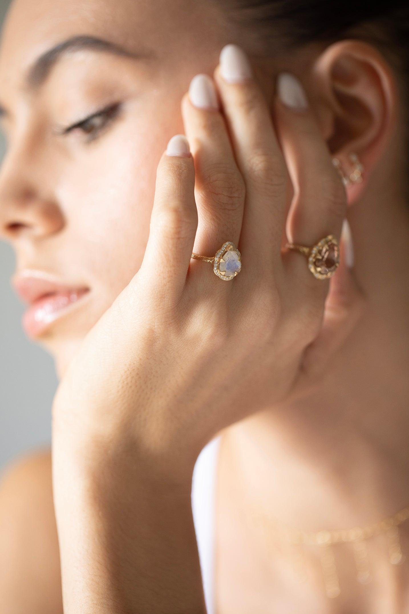 Charming 14K Yellow Gold Baby Queen Moonstone Halo Ring with Diamonds