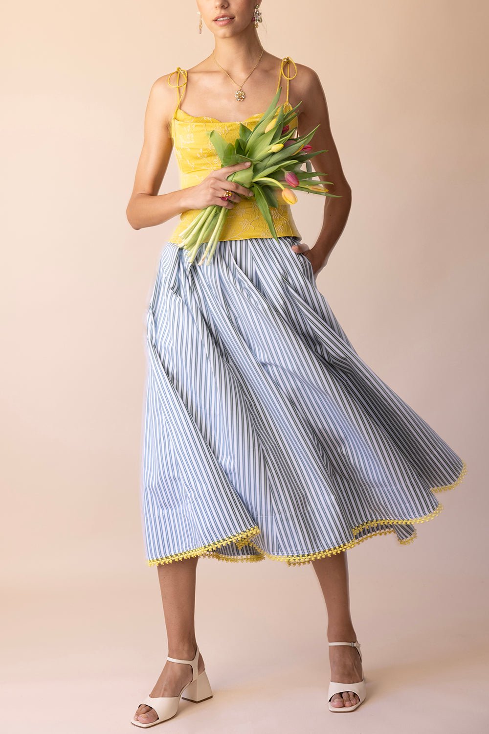 Stylish Women's A-Line Skirt with Green Stripe Design